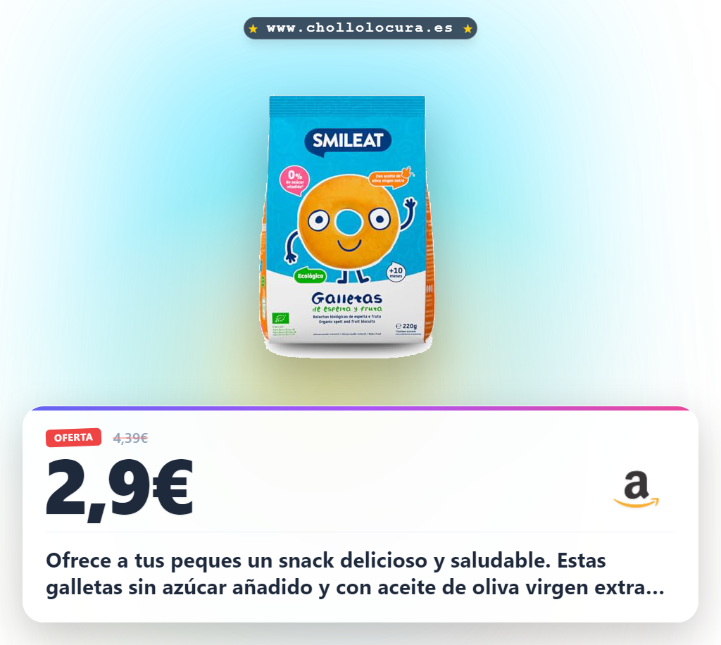 Aprovecha galletas Smileat de espelta y fruta para peques 10+ meses sin azúcar y con aceite de oliva virgen extra.