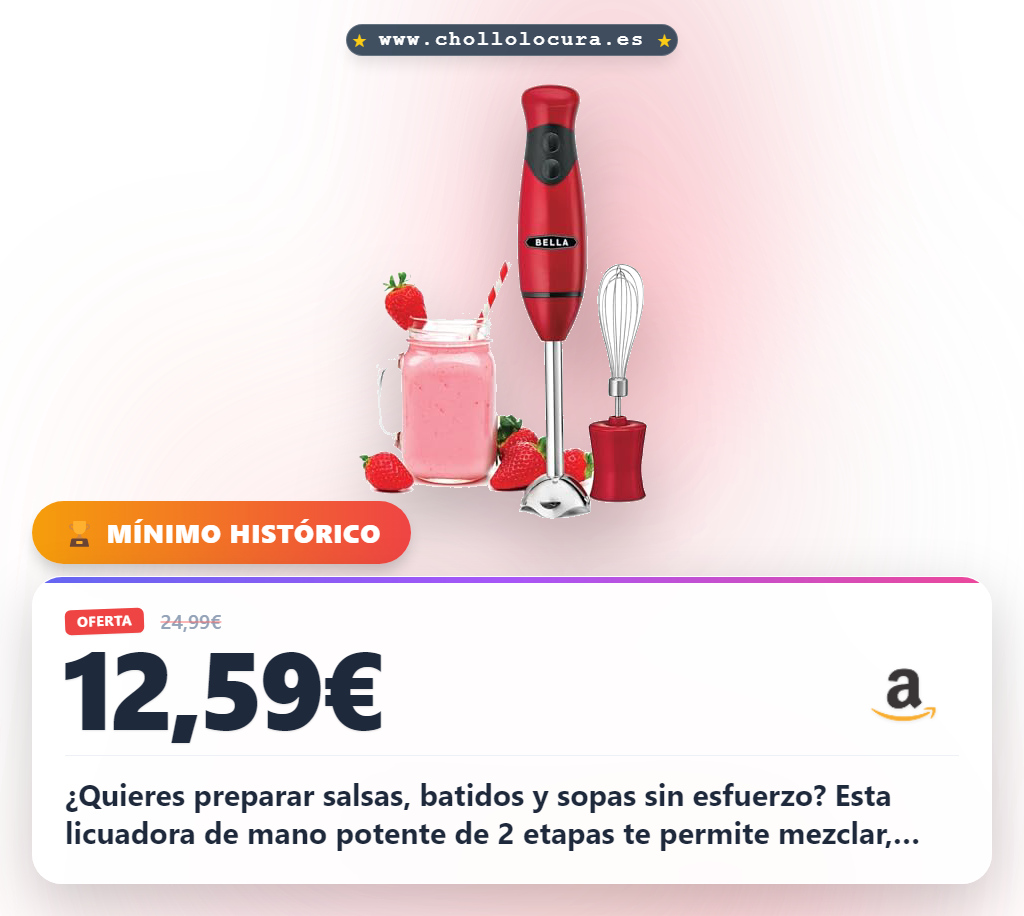 Aprovecha la licuadora de mano Bella de 2 etapas de 250 vatios. Consigue salsas, batidos y dips sin BPA al mejor precio