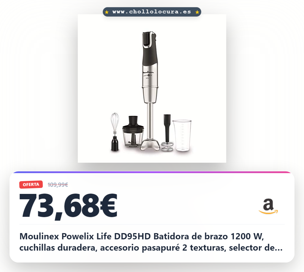 Moulinex Powelix Life DD95HD Batidora de brazo 1200 W, cuchillas duradera, accesorio pasapuré 2 texturas, selector de velocidades ergonómico, Piezas aptas para lavavajillas, Metálico