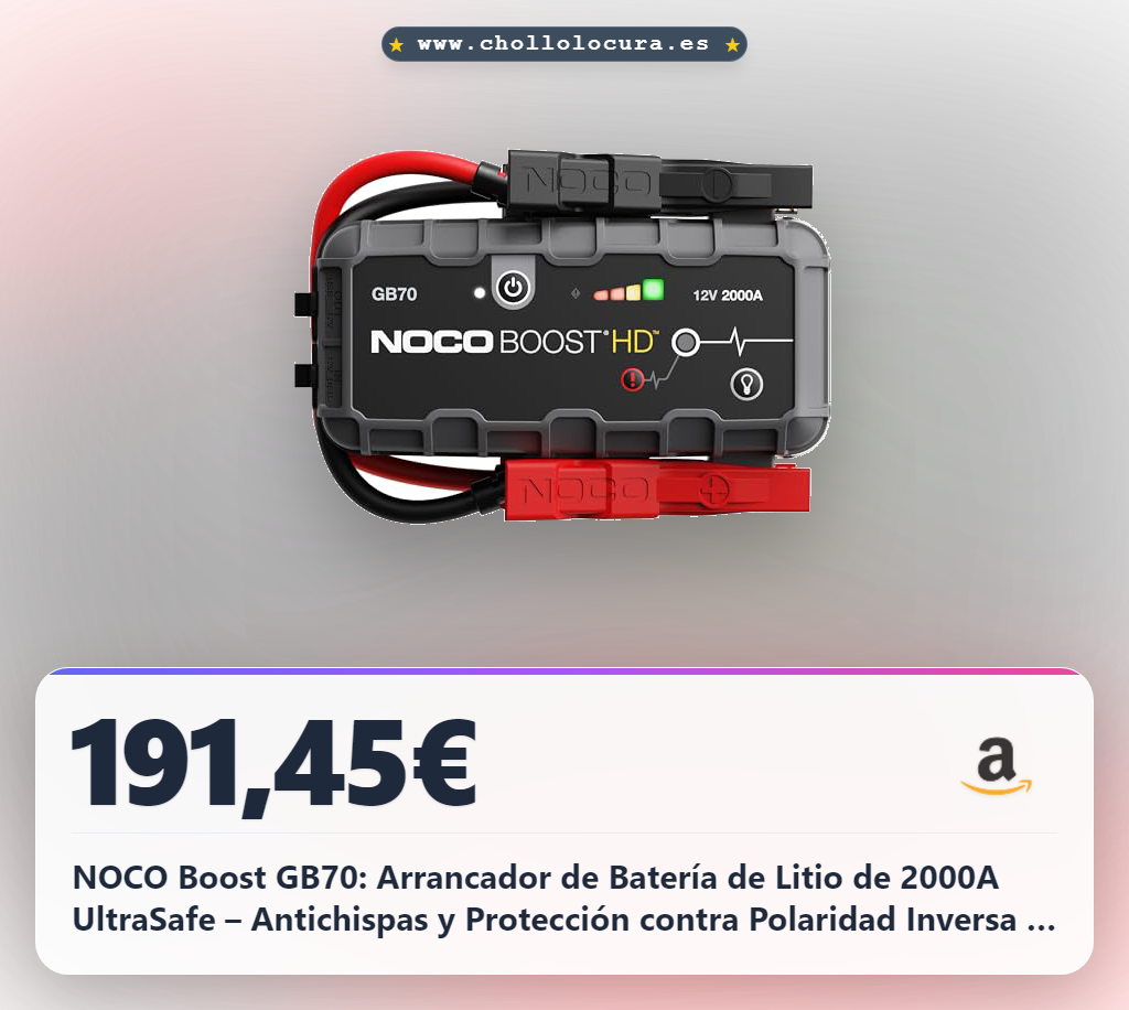 NOCO Boost GB70: Arrancador de Batería de Litio de 2000A UltraSafe – Antichispas y Protección contra Polaridad Inversa – Power Bank USB y Linterna LED – para Motores de Gasolina 8,0L y Diésel 6,0L