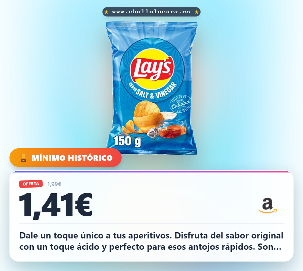 Disfruta las patatas fritas Lay's Vinagreta sin gluten y de cultivos sostenibles en oferta.