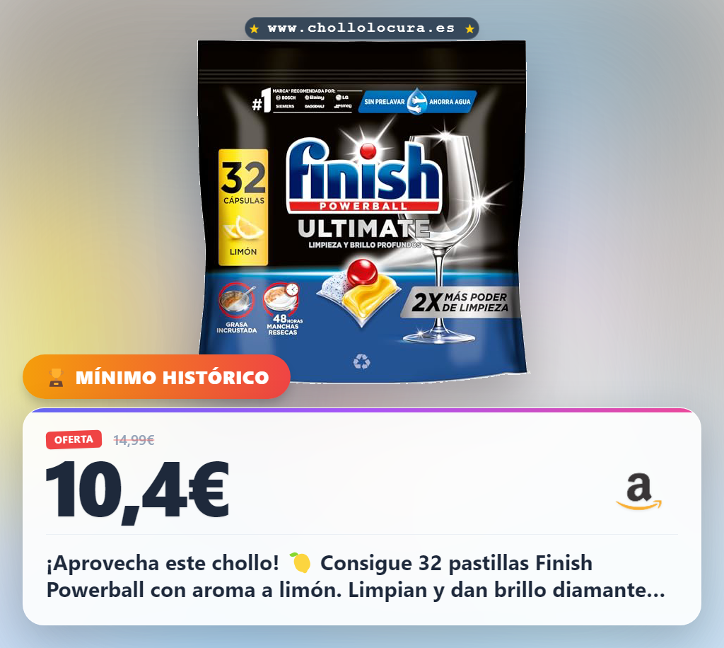 Obtén las pastillas Finish Powerball Ultimate All in 1 con aroma limón y brillo diamante en oferta histórica