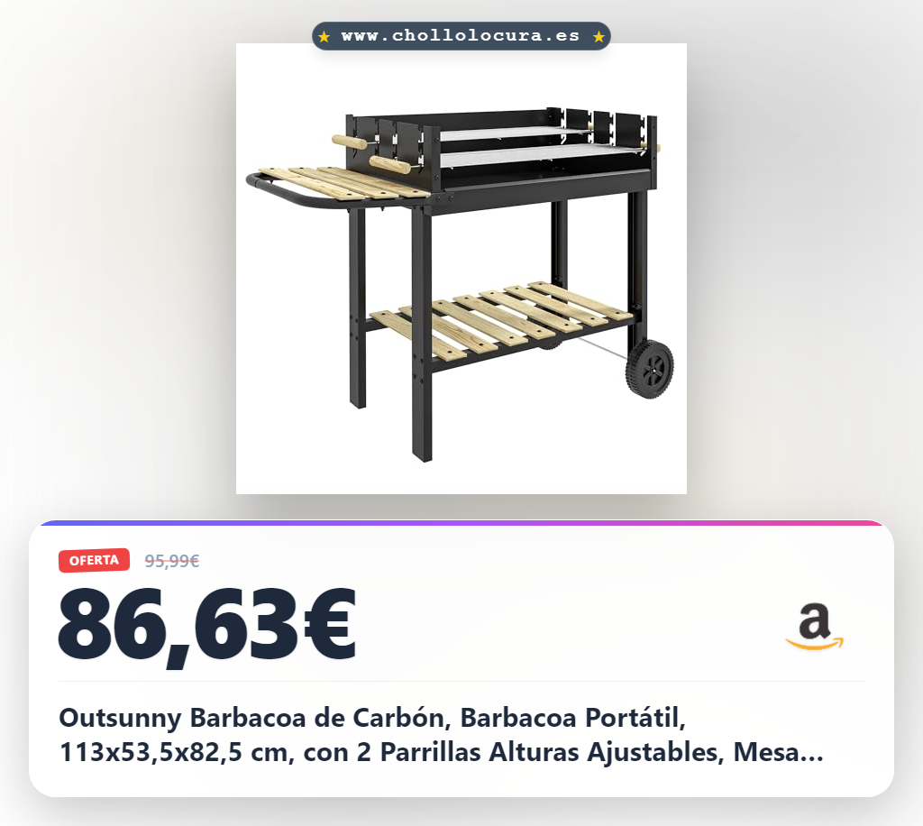Outsunny Barbacoa de Carbón, Barbacoa Portátil, 113x53,5x82,5 cm, con 2 Parrillas Alturas Ajustables, Mesa Lateral, Estante y Ruedas, para Jardín o Fiesta al Aire Libre, Negro