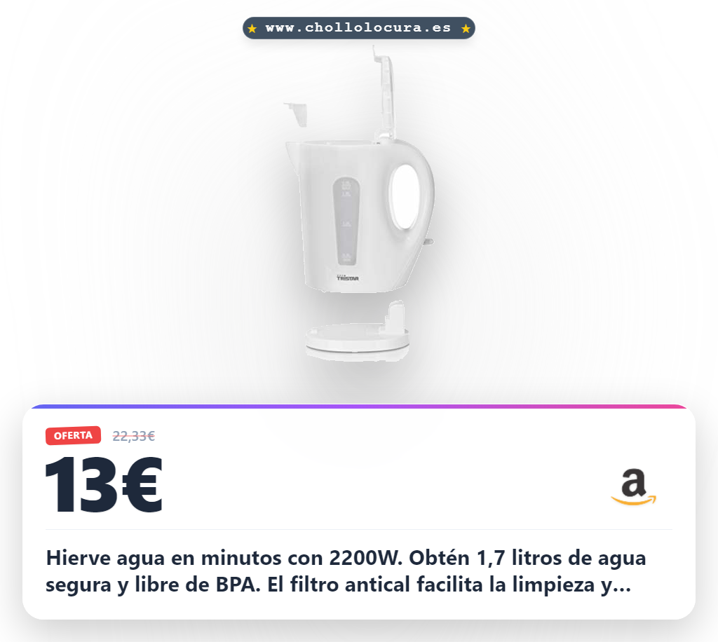Aprovecha el hervidor de agua Tristar 1.7 litros libre de BPA con filtro antical a precio de chollo