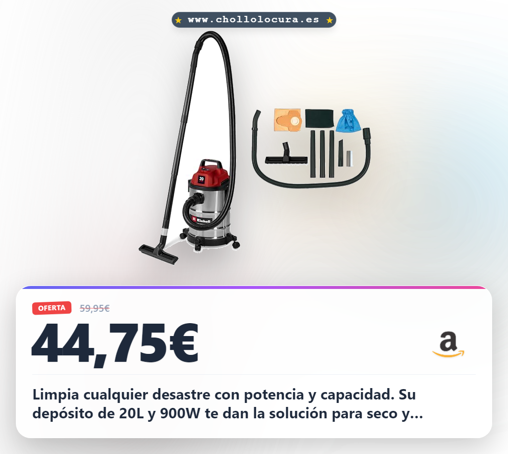 Limpia cualquier desastre con potencia y capacidad. Su depósito de 20L y 900W te dan la solución para seco y húmedo. Mueve tu casa fácilmente con sus ruedas y aprovecha esta oferta.