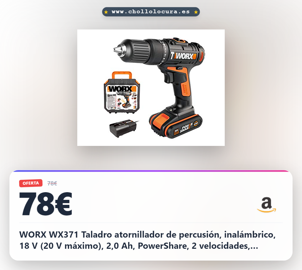 WORX WX371 Taladro atornillador de percusión, inalámbrico, 18 V (20 V máximo), 2,0 Ah, PowerShare, 2 velocidades, maleta, portabrocas de 13 mm, 18 + 1 +1 niveles de par