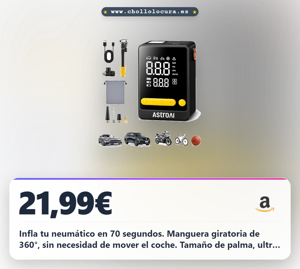AstroAI L10 Mini Compresor Aire Portátil, Inflador Ruedas Coche Electrico 2 Veces Más Rápido con Gran Pantalla, Compresor Aire Inalámbrico, Parada Automática, para Coche, Bicicletas, Moto y Etc.