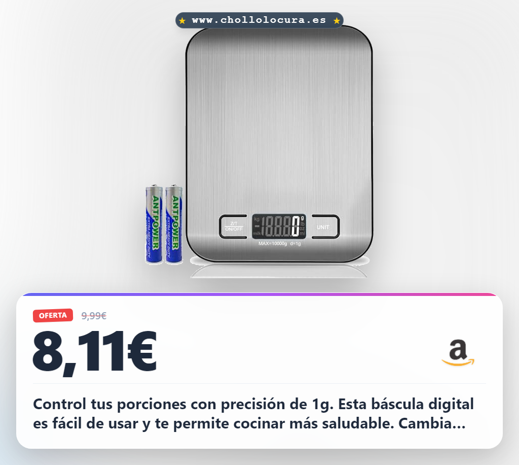 Consigue la báscula de cocina digital de 10kg con precisión de 1g y fácil uso a precio de chollo