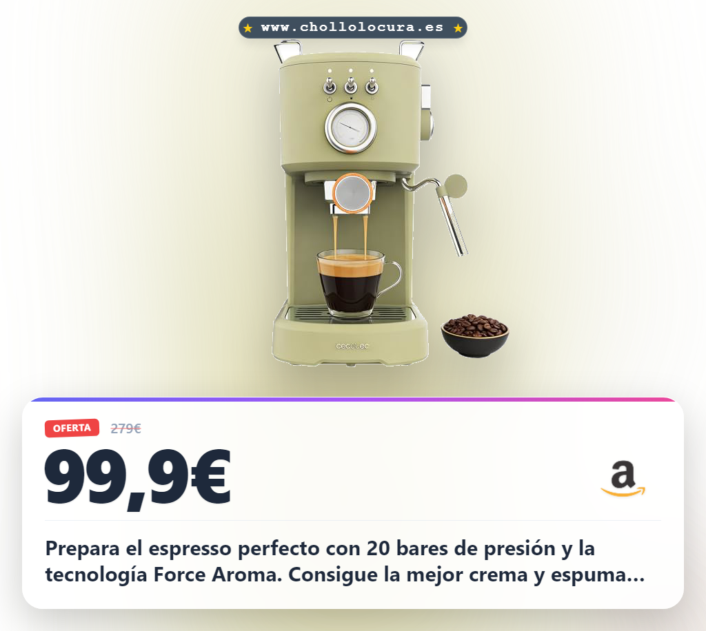 Aprovecha la Cecotec Power Espresso 20 Retro Green Elite de 1100 W, 20 bares y vaporizador.