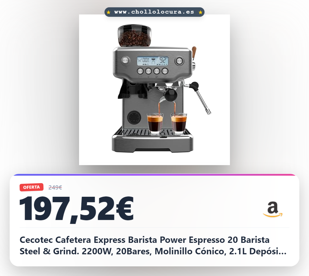 Cecotec Cafetera Express Barista Power Espresso 20 Barista Steel & Grind. 2200W, 20Bares, Molinillo Cónico, 2.1L Depósito Agua, 180g Café, 30 Niveles, Thermoblock, Doble Brazo, Accesorios Incluidos