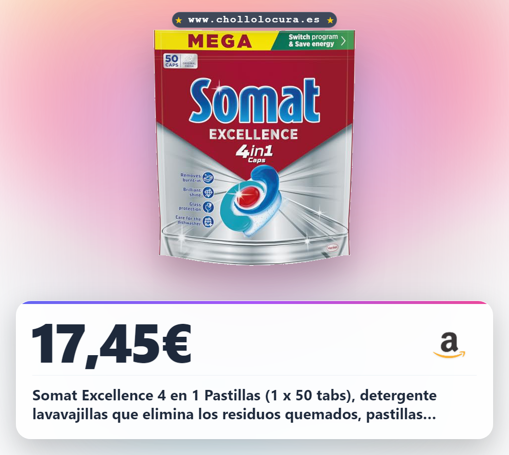 Somat Excellence 4 en 1 Pastillas (1 x 50 tabs), detergente lavavajillas que elimina los residuos quemados, pastillas lavavajillas con brillo excelente, jabón para vajilla