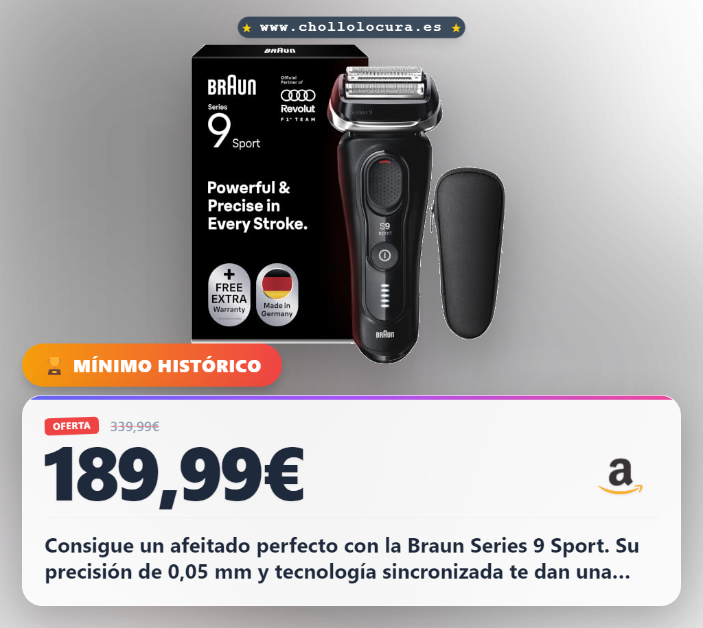 Aprovecha la Braun Series 9 Sport afeitadora eléctrica para hombre. Apurado suave y precisión 0,05 mm en oferta histórica.