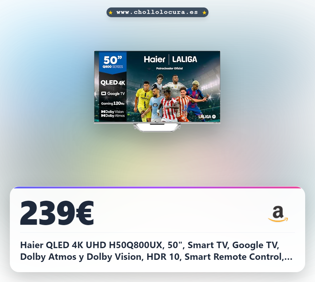 Haier QLED 4K UHD H50Q800UX, 50", Smart TV, Google TV, Dolby Atmos y Dolby Vision, HDR 10, Smart Remote Control, Google Assistant, Bluetooth 5.1, DBX TV, HDMI 2.1 x 4, Sin Marcos, 2024
