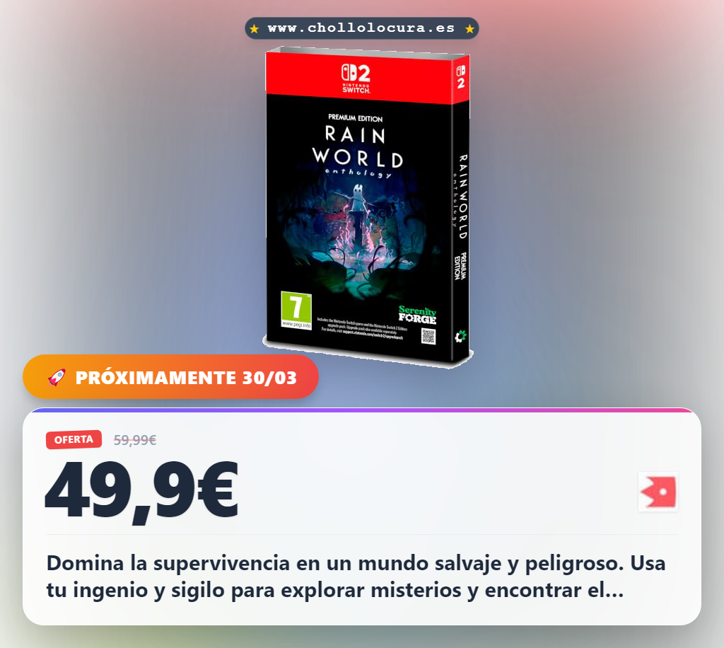 Aprovecha Rain World Anthology Premium Edition para Nintendo Switch 2. Explora la supervivencia y todos los DLCs en oferta.