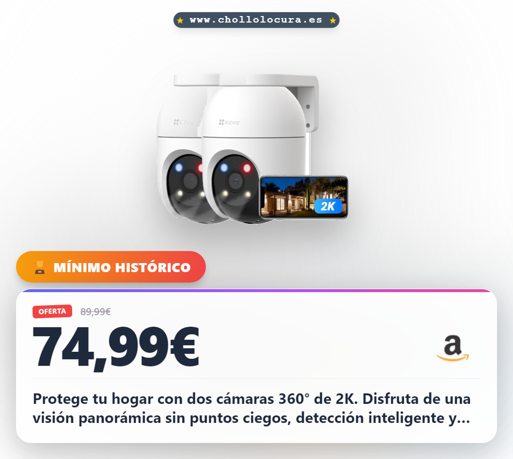 Aprovecha las cámaras EZVIZ 360° WiFi exterior 2K con IA y visión nocturna en oferta histórica. Consigue 2 unidades.