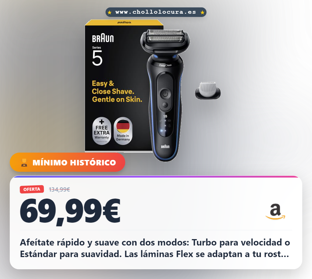 Aprovecha la afeitadora eléctrica Braun Series 5 con modos Turbo y Estándar y láminas Flex al mejor precio