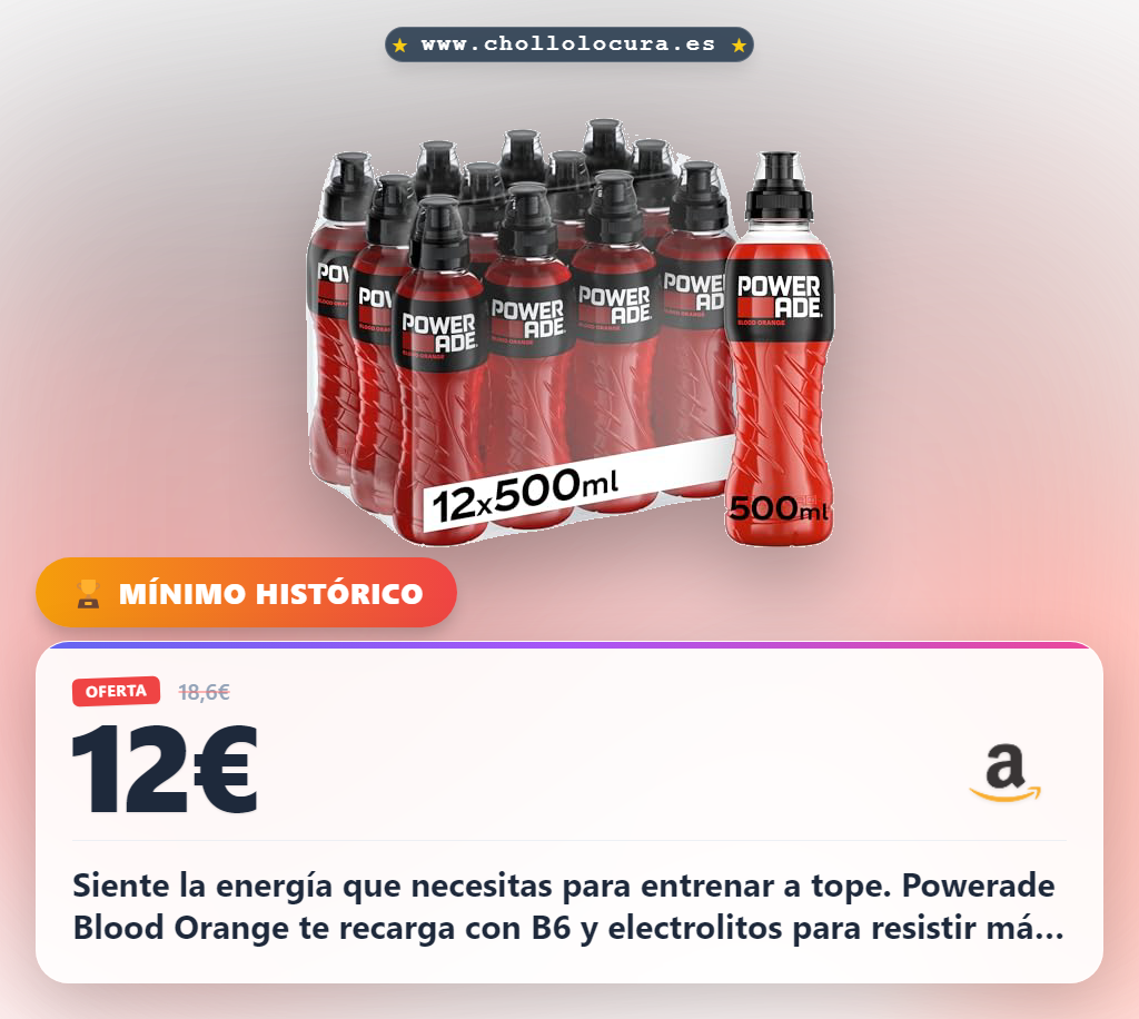 Llévate pack de 12 Powerade Blood Orange sin gluten. Hidratación y energía para tus entrenamientos intensos.