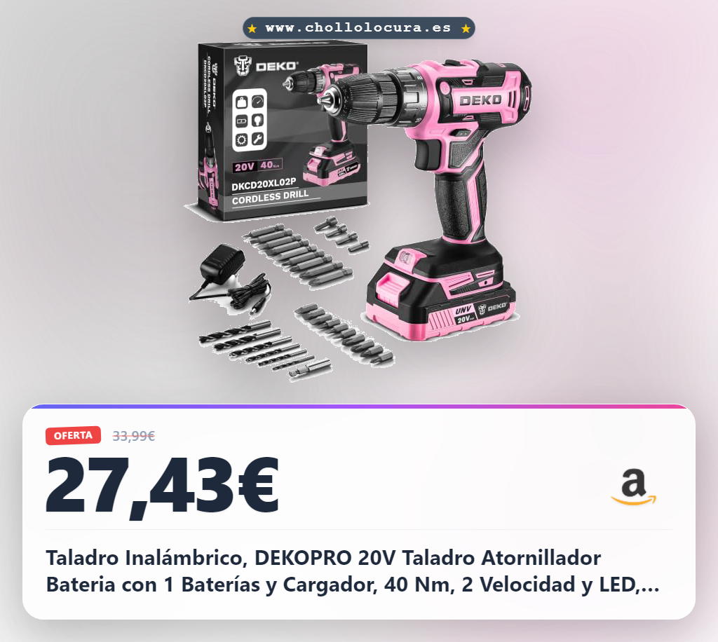 Taladro Inalámbrico, DEKOPRO 20V Taladro Atornillador Bateria con 1 Baterías y Cargador, 40 Nm, 2 Velocidad y LED, Adecuado para Bricolaje en Casa y Jardín,Rosa
