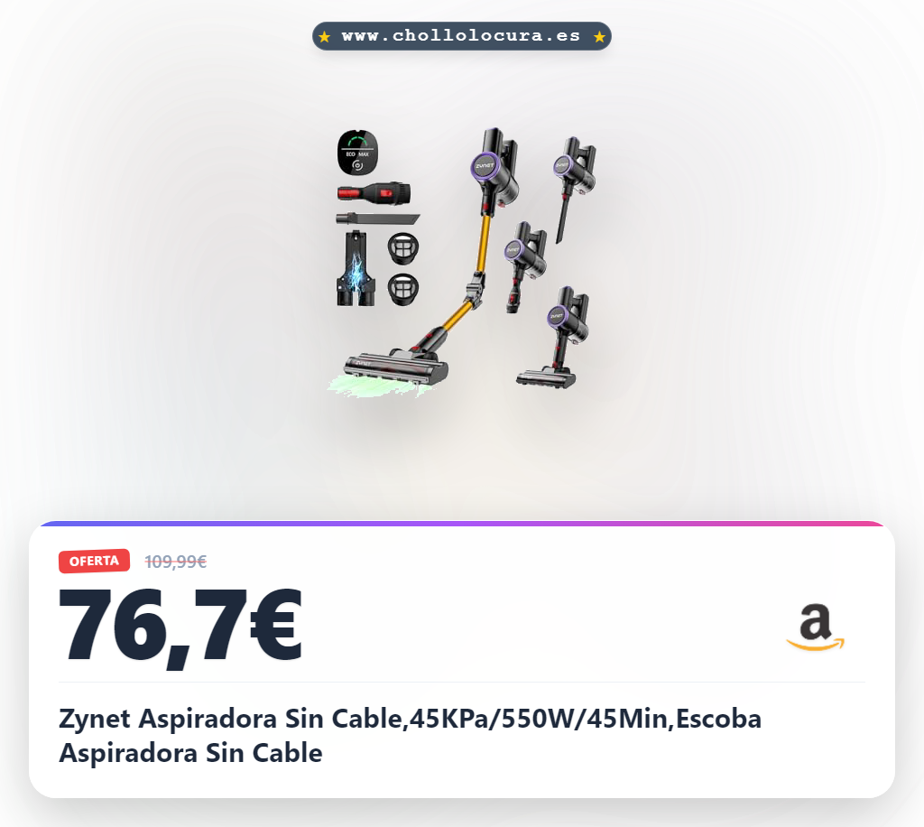Zynet Aspiradora Sin Cable,45KPa/550W/45Min,Escoba Aspiradora Sin Cable