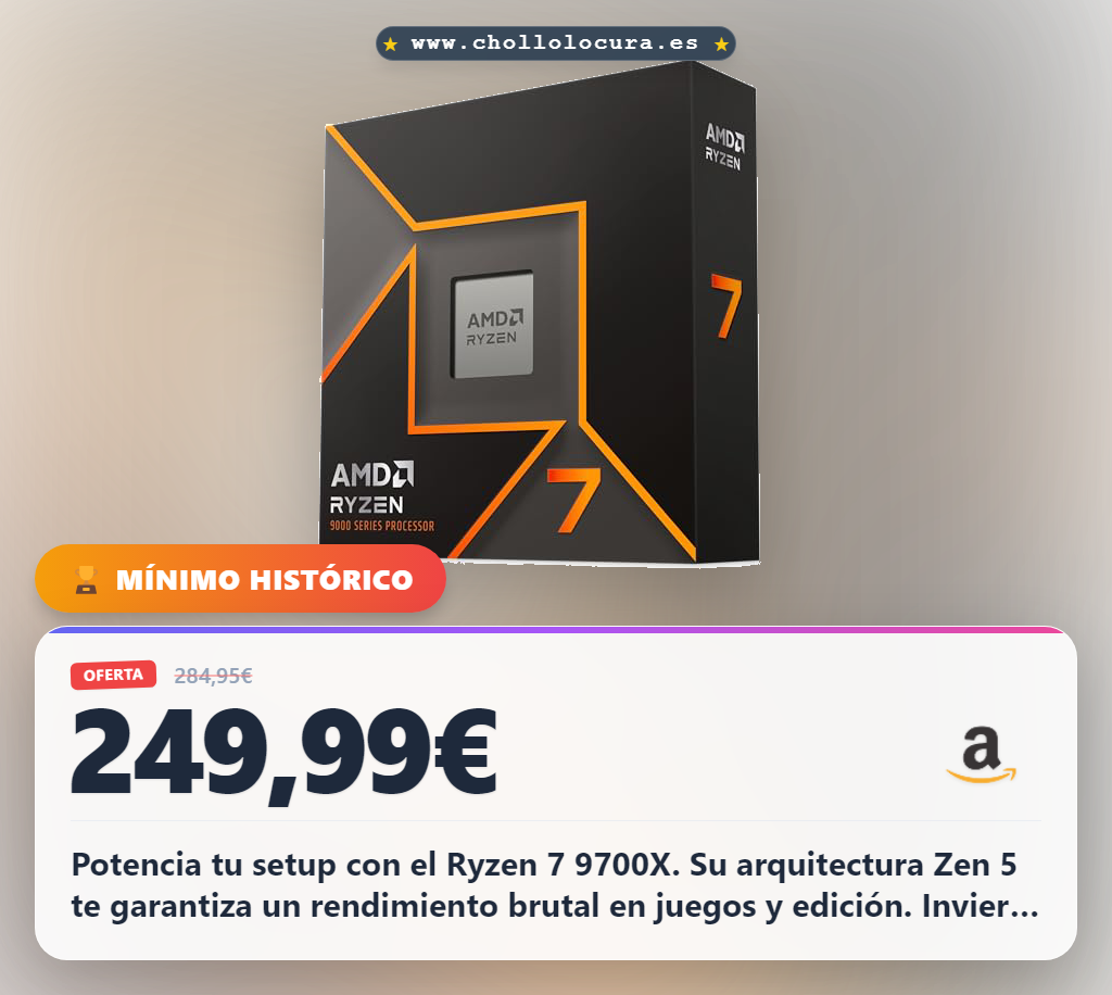 Logra adquirir el Procesador AMD Ryzen 7 9700X Zen 5 con 8 núcleos y máximo rendimiento al mejor precio