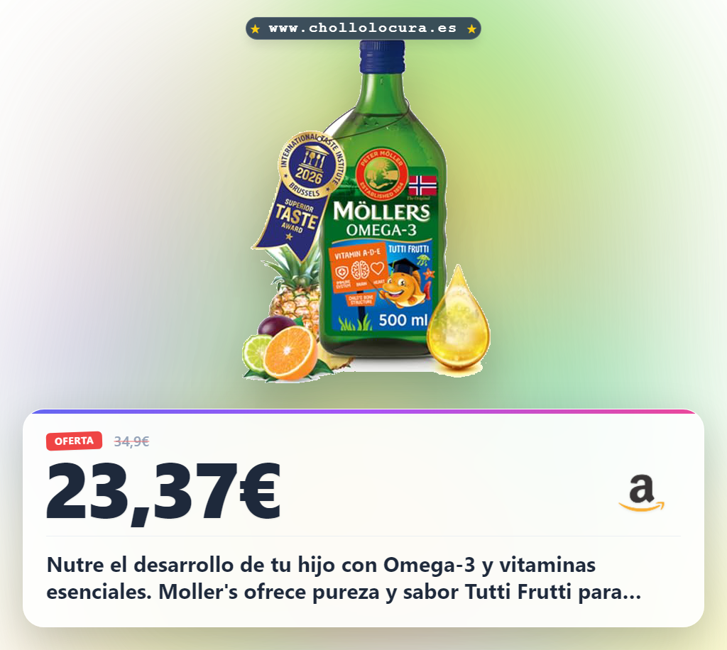 Obtén Aceite de Hígado de Bacalao Moller's sabor Tutti Frutti con Omega-3 y Vitaminas A, D, E al mejor precio