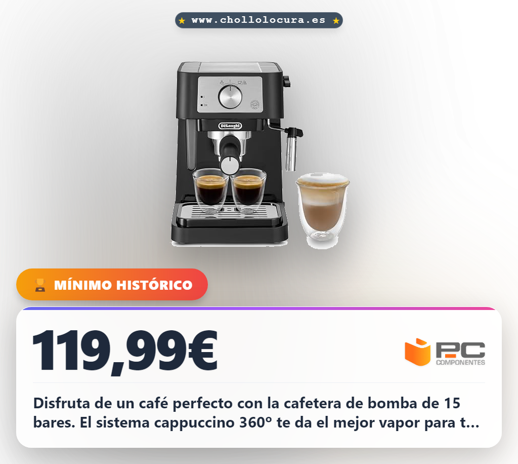 Aprovecha la cafetera bomba De'Longhi EC260.BK con sistema cappuccino 360º y cápsulas E.S.E. al mejor precio