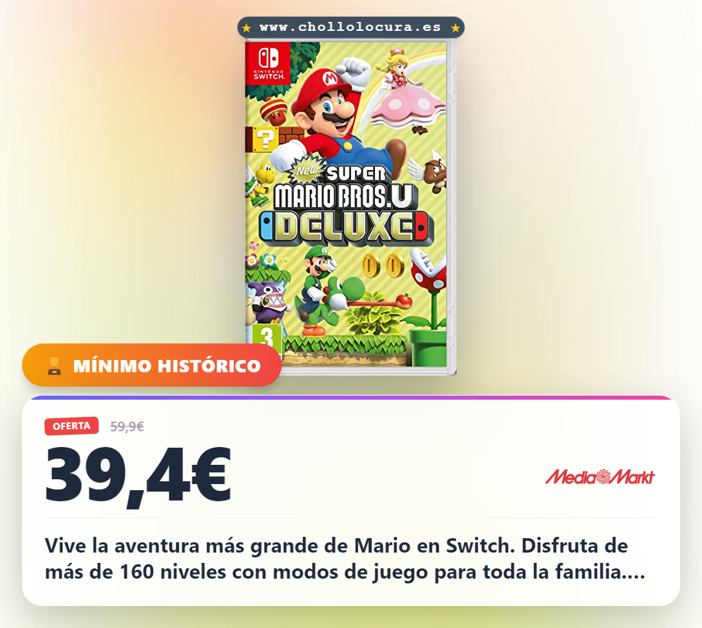 Aprovecha New Super Mario Bros U Deluxe para Nintendo Switch con dos aventuras y 160 niveles al mejor precio de oferta
