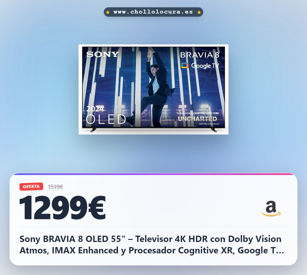 Sony BRAVIA 8 OLED 55" – Televisor 4K HDR con Dolby Vision Atmos, IMAX Enhanced y Procesador Cognitive XR, Google TV, 120Hz, Ideal para Cine y Gaming con PS5 – Negro