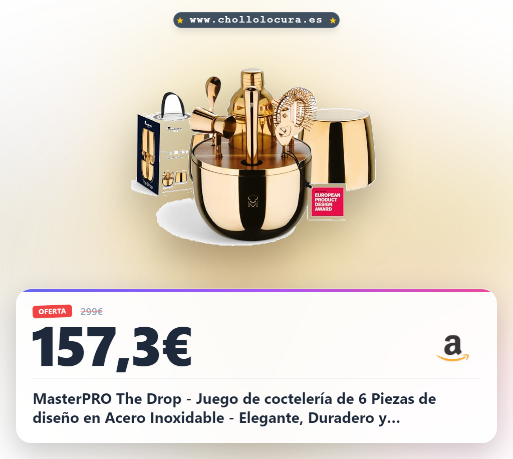 MasterPRO The Drop - Juego de coctelería de 6 Piezas de diseño en Acero Inoxidable - Elegante, Duradero y Multifuncional - Idea de Regalo Ideal (Navidad, Pascua, Boda) - Caja de Regalo incluida