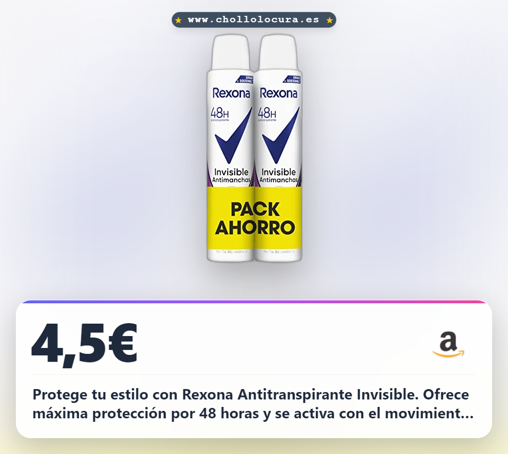 Aprovecha el desodorante antitranspirante invisible Rexona para mujer con protección 48h y tecnología motionsense