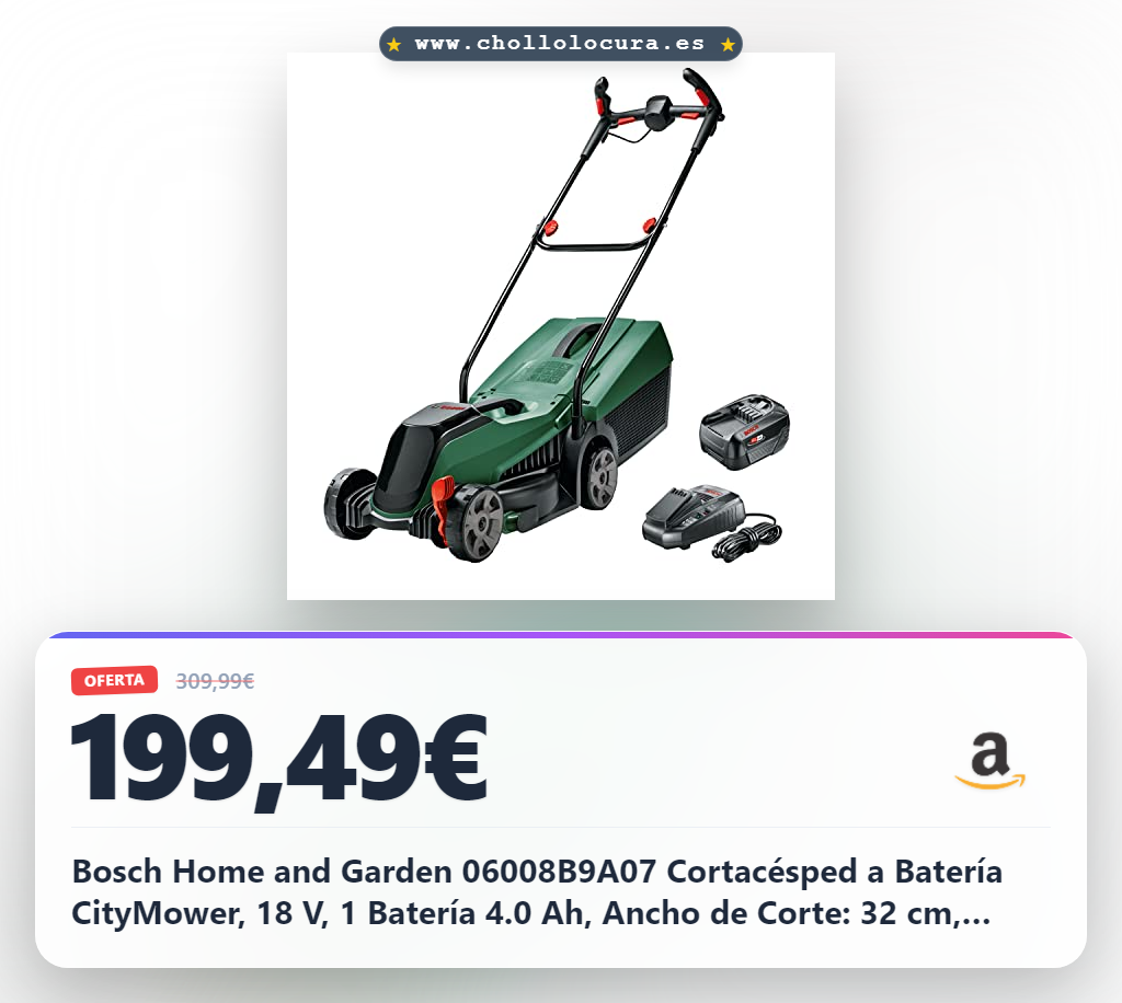 Bosch Home and Garden 06008B9A07 Cortacésped a Batería CityMower, 18 V, 1 Batería 4.0 Ah, Ancho de Corte: 32 cm, Céspedes de Hasta 300 m2, Embalaje en Caja