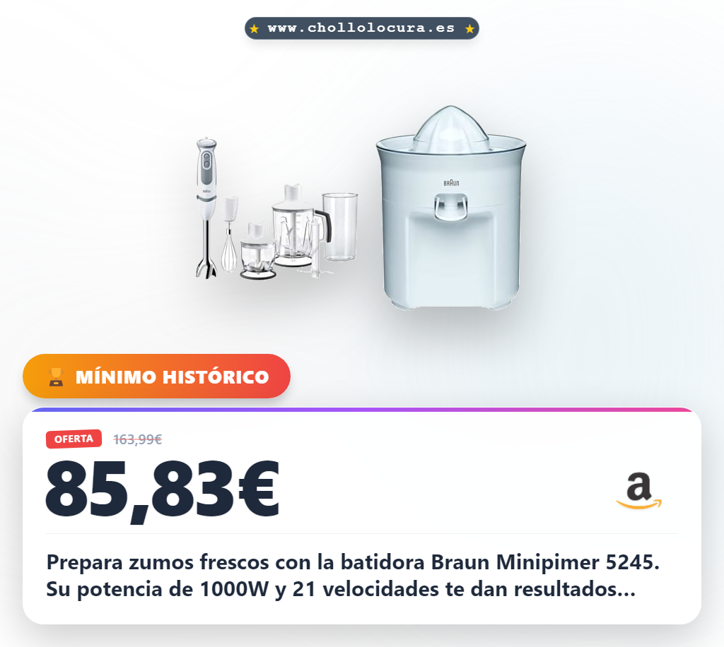 Prepara zumos frescos con la batidora Braun Minipimer 5245. Su potencia de 1000W y 21 velocidades te dan resultados perfectos en tiempo récord. El sistema anti-salpicaduras y el anti-goteo mantienen tu cocina limpia y ordenada. ¡Fácil, rápido y sin complicaciones!