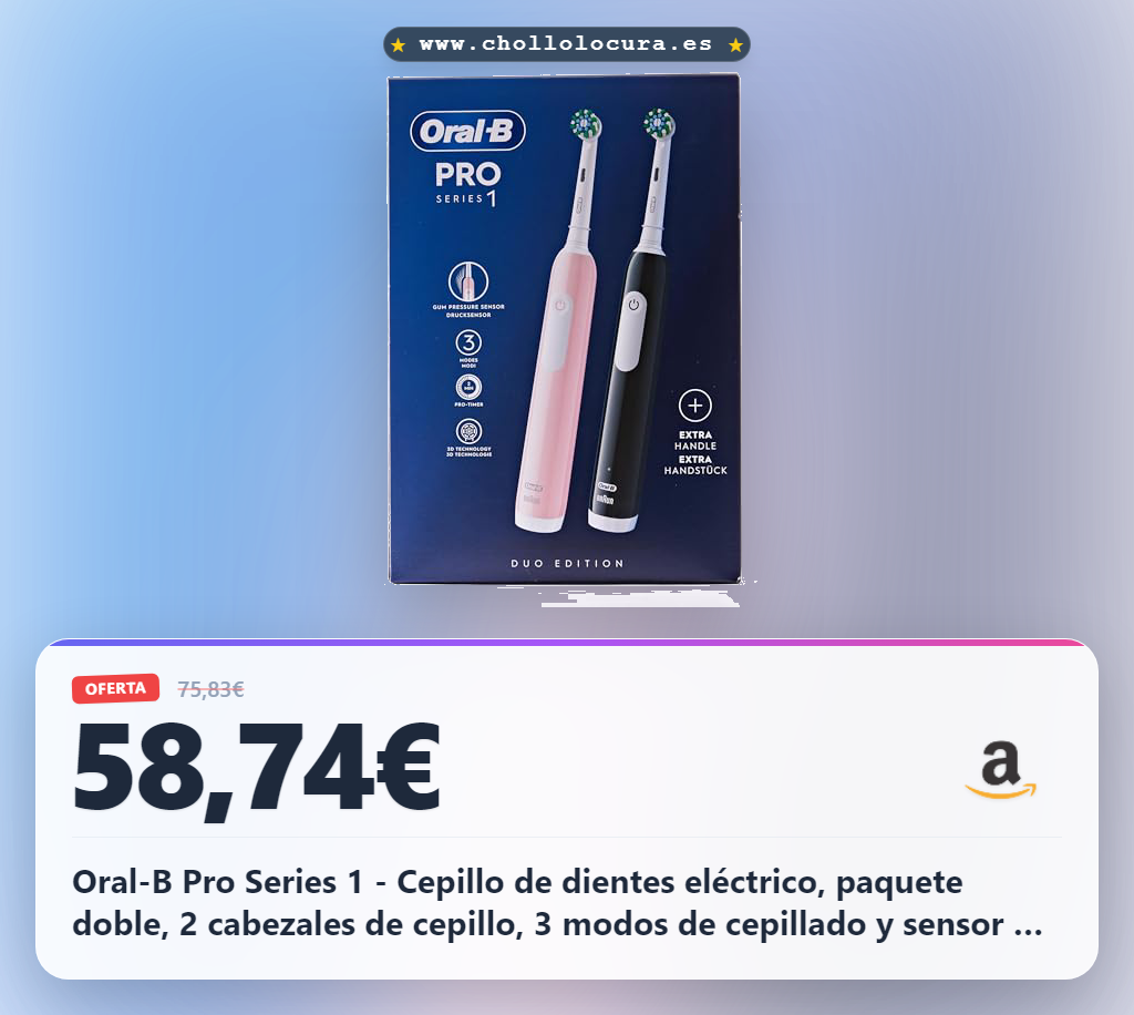 Oral-B Pro Series 1 - Cepillo de dientes eléctrico, paquete doble, 2 cabezales de cepillo, 3 modos de cepillado y sensor de presión para cuidado dental, diseñado por marrón, rosa/negro