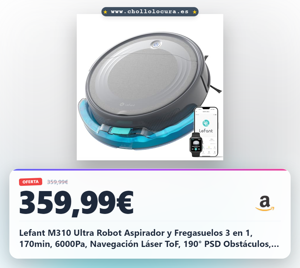 Lefant M310 Ultra Robot Aspirador y Fregasuelos 3 en 1, 170min, 6000Pa, Navegación Láser ToF, 190° PSD Obstáculos, Reconocimiento de Alfombras, WiFi/App/Alexa, Gris
