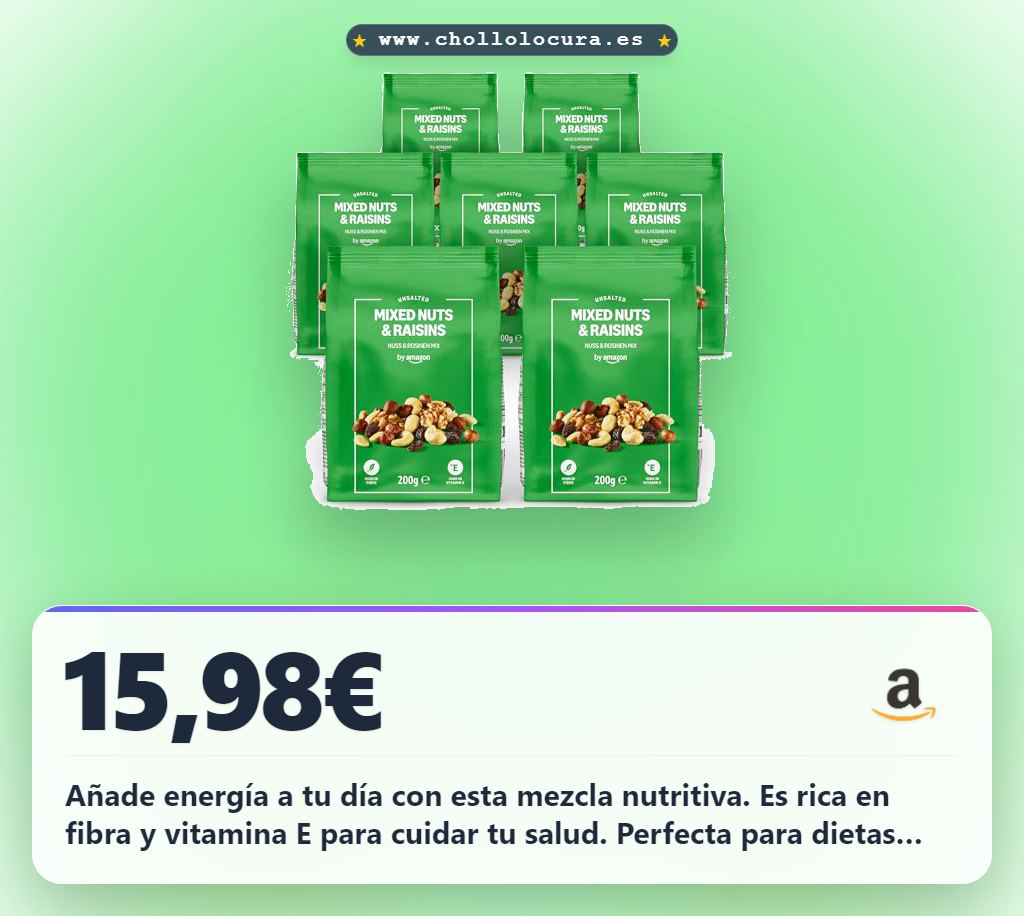 Consigue esta mezcla de frutos secos y uvas pasas con alto contenido de fibra y Vitamina E para dietas veganas al mejor precio