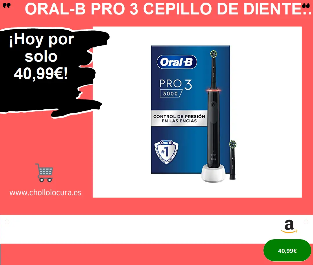 Oral-B PRO 3 Cepillo de Dientes Eléctrico con Mango Recargable y Sensor de Presión, Tecnología Braun y 2 Cabezal de Recambio, 3000 - Negro