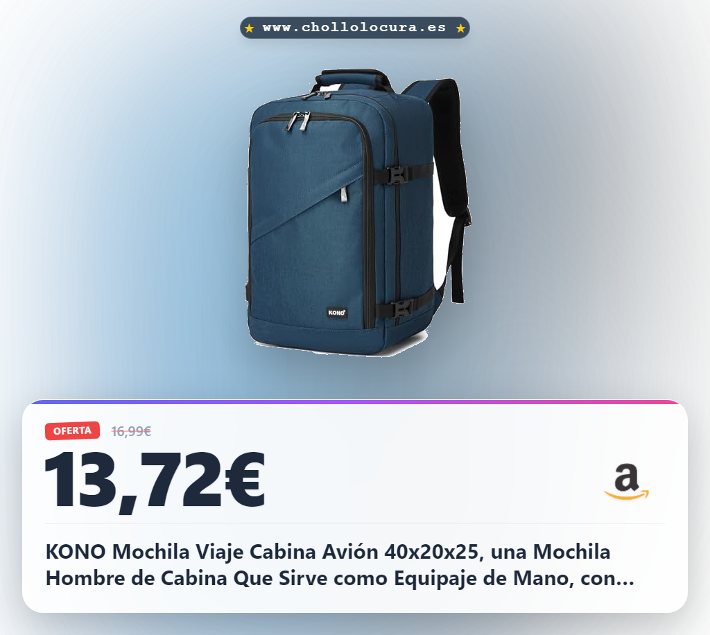 KONO Mochila Viaje Cabina Avión 40x20x25, una Mochila Hombre de Cabina Que Sirve como Equipaje de Mano, con Apertura de 180°, Correa para Equipaje y Espalda Transpirable (Azul)
