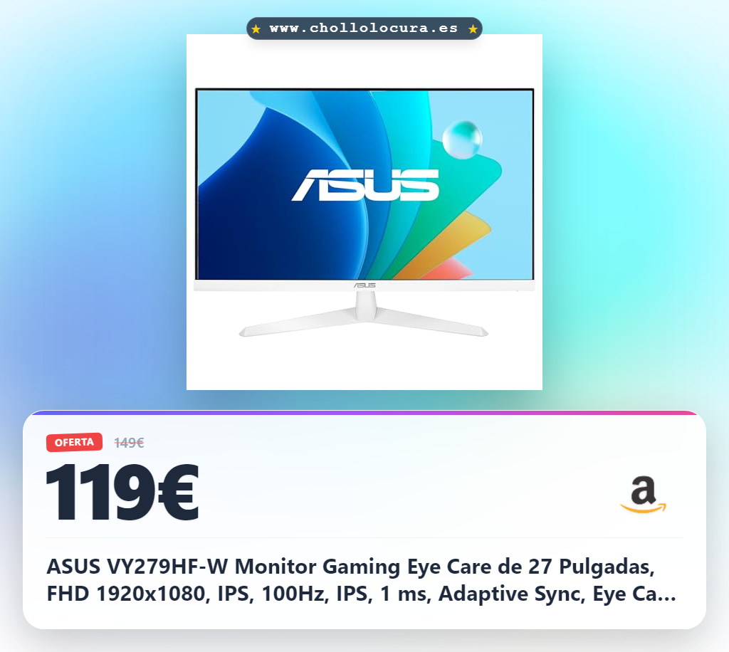 ASUS VY279HF-W Monitor Gaming Eye Care de 27 Pulgadas, FHD 1920x1080, IPS, 100Hz, IPS, 1 ms, Adaptive Sync, Eye Care Plus, Aumento de Color, recordatorios, Tratamiento Antibacteriano