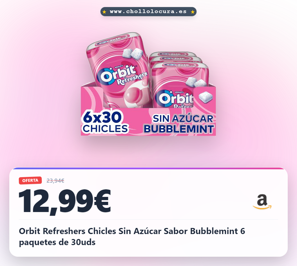 Orbit Refreshers Chicles Sin Azúcar Sabor Bubblemint 6 paquetes de 30uds