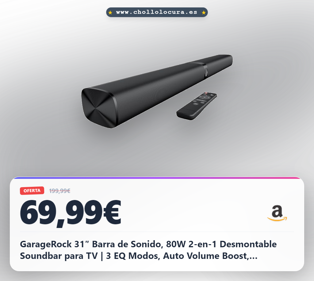 Logra el sonido envolvente 360° con la Barra de Sonido GarageRock 31″ 80W, 2-en-1 y 3 modos EQ al mejor precio