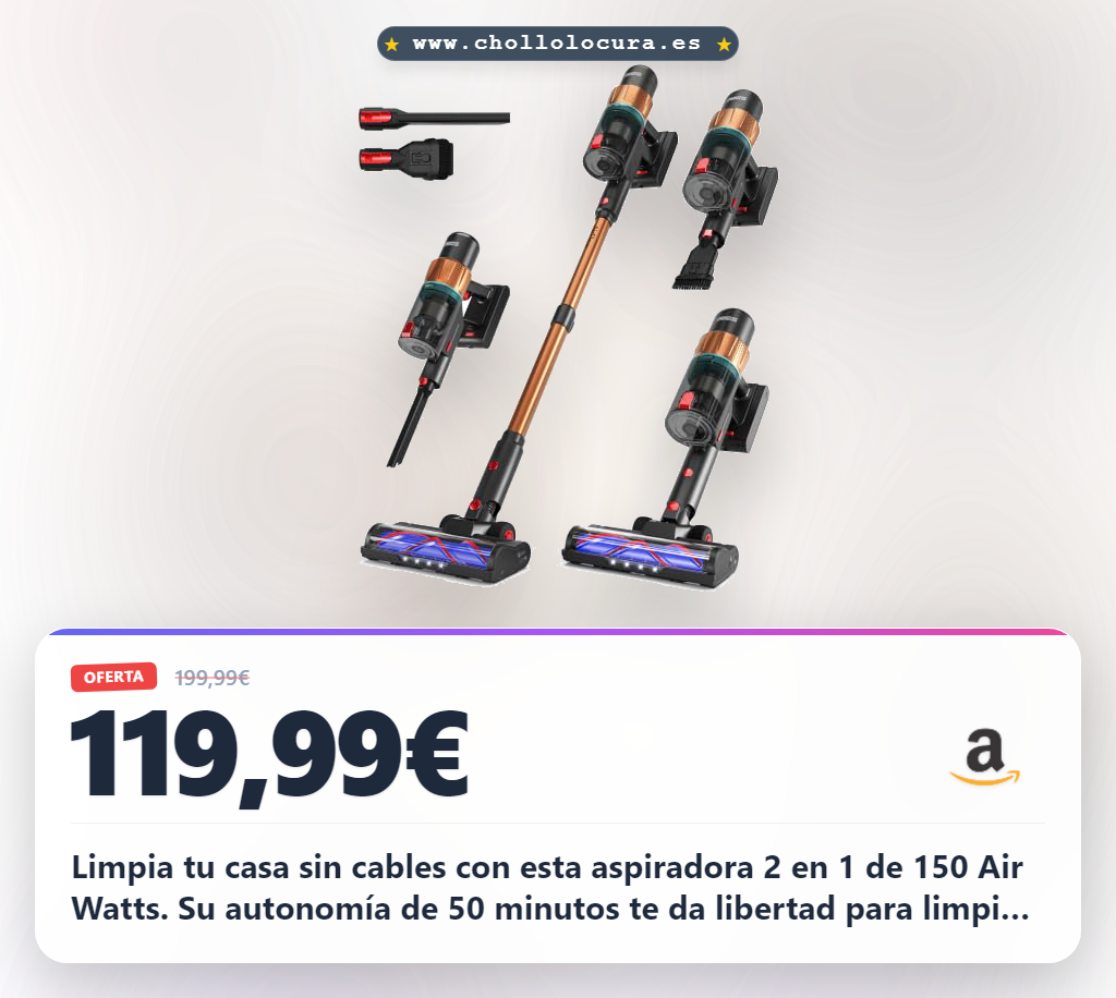 Consigue la aspiradora Princess sin cable 2 en 1 de 150 Air Watts con 50 min de autonomía y cepillo anti-enredos al mejor precio