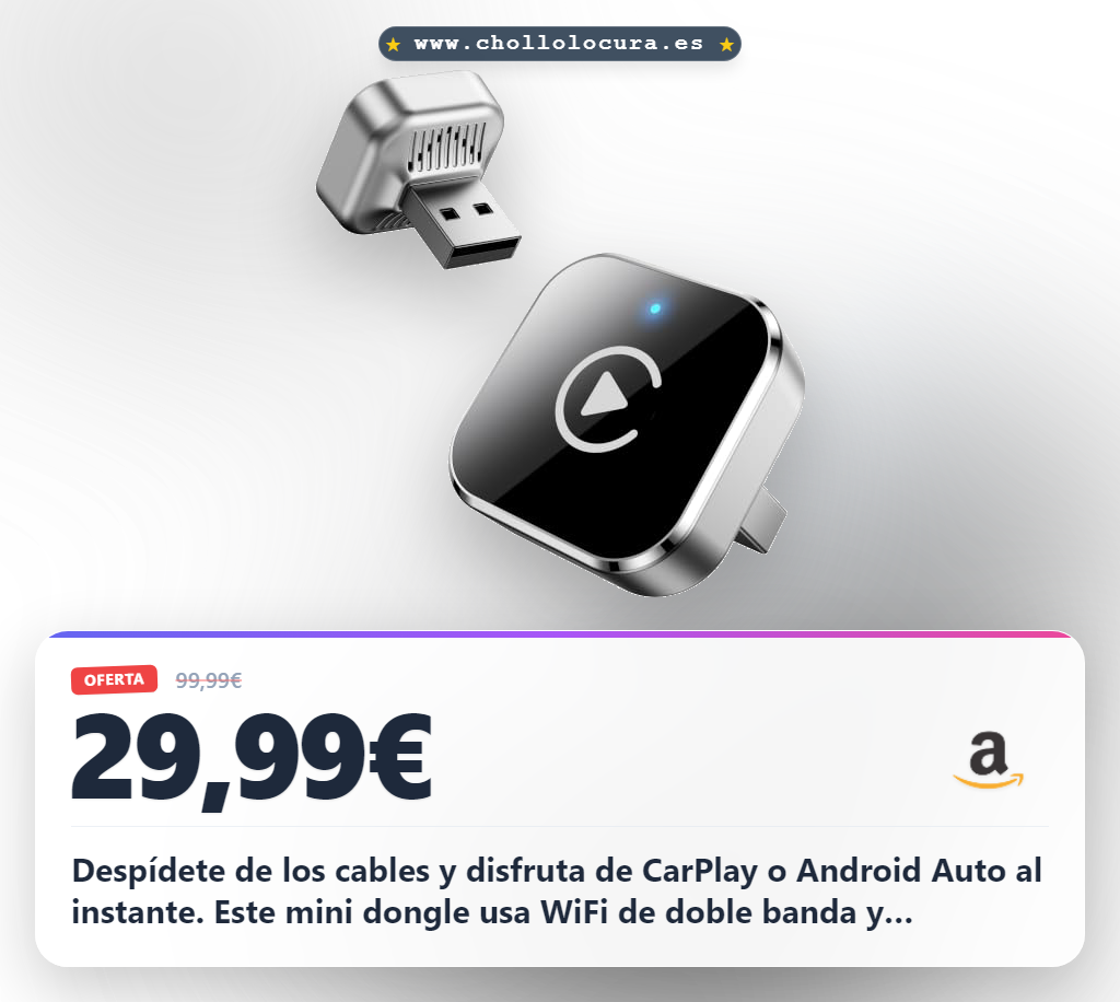 Despídete de los cables y disfruta de CarPlay o Android Auto al instante. Este mini dongle usa WiFi de doble banda y reconexión automática para que tu viaje sea siempre cómodo. ¡La libertad inalámbrica que buscas!