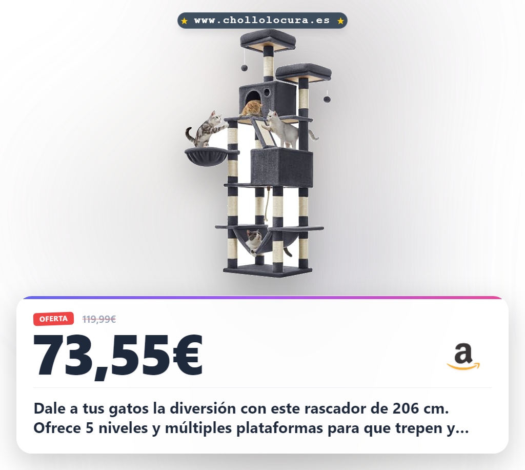 Consigue el rascador Feandrea para gatos grandes. Multinivel 206 cm, 5 niveles y hamaca.