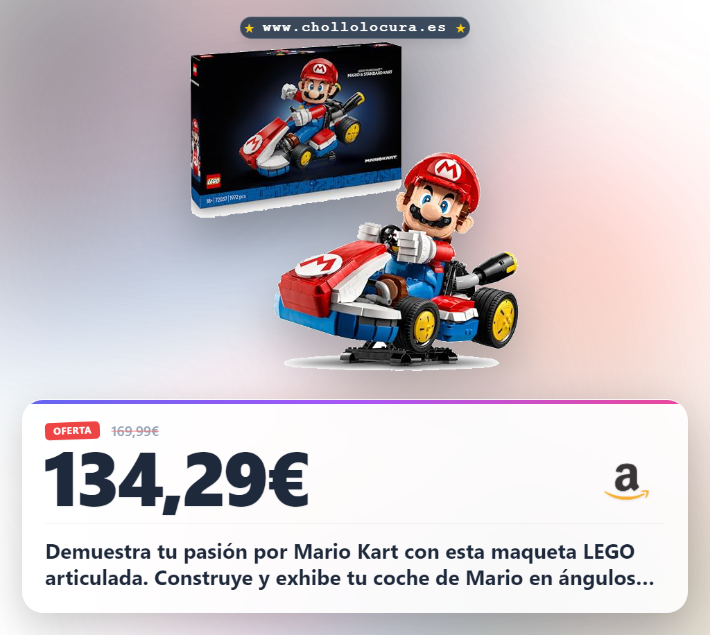 Demuestra tu pasión por Mario Kart con esta maqueta LEGO articulada. Construye y exhibe tu coche de Mario en ángulos dinámicos. Una actividad creativa perfecta para fans de Nintendo y videojuegos.