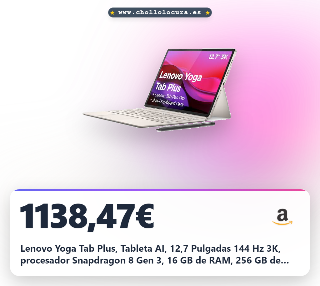 Lenovo Yoga Tab Plus, Tableta AI, 12,7 Pulgadas 144 Hz 3K, procesador Snapdragon 8 Gen 3, 16 GB de RAM, 256 GB de Memoria, WiFi 6, Tableta Android 14, Tab Pen Pro y Teclado incluidos - Seashell