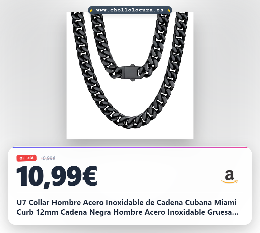 U7 Collar Hombre Acero Inoxidable de Cadena Cubana Miami Curb 12mm Cadena Negra Hombre Acero Inoxidable Gruesa Negro Hip Hop Longitud 46cm Caja de Regalo
