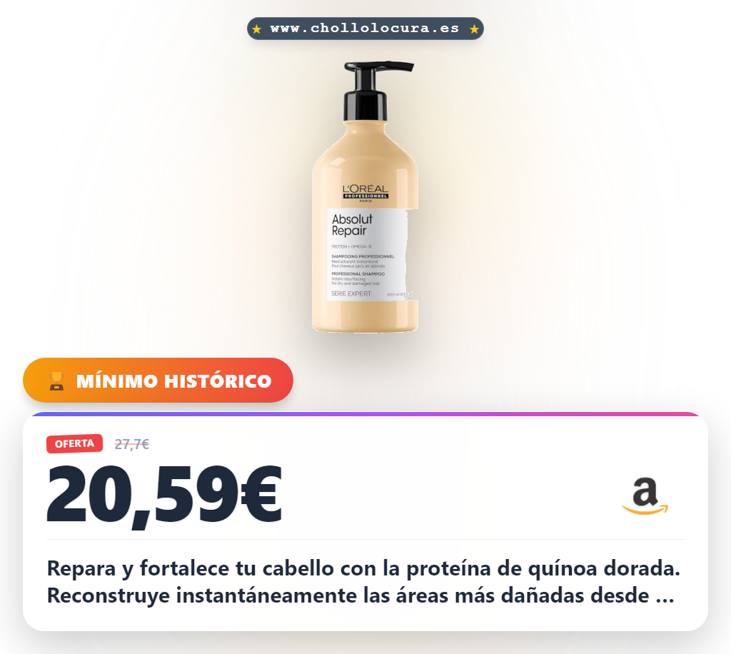 Aprovecha este champú reparador L'Oréal Absolut Repair con proteína de quínoa dorada para fortalecer tu cabello dañado