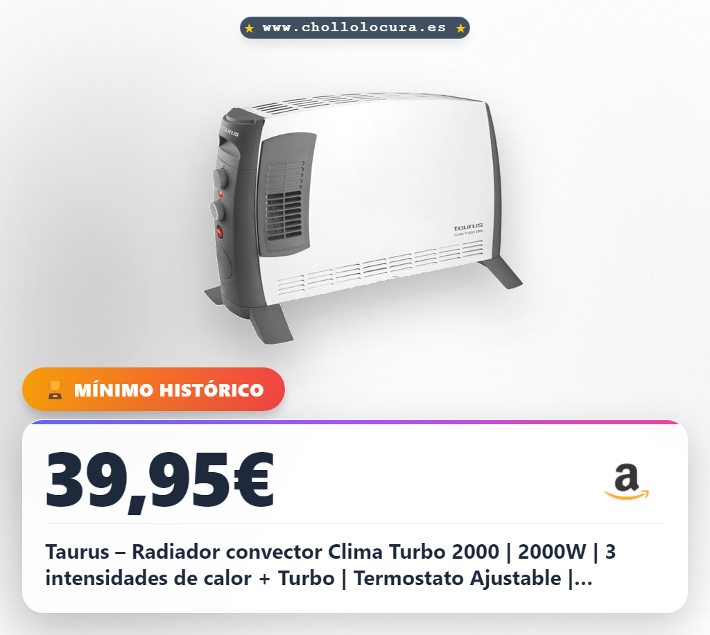 Taurus – Radiador convector Clima Turbo 2000 | 2000W | 3 intensidades de calor + Turbo | Termostato Ajustable | Superficies hasta 20m² | Patas incluidas | Asa de transporte