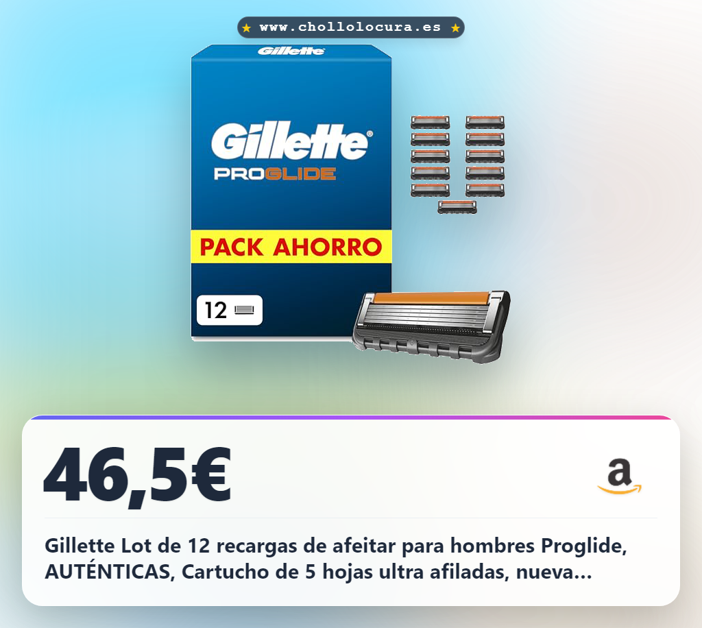 Gillette Lot de 12 recargas de afeitar para hombres Proglide, AUTÉNTICAS, Cartucho de 5 hojas ultra afiladas, nueva lubricación, banda lubricante x2, afeitado facial flexible, caja
