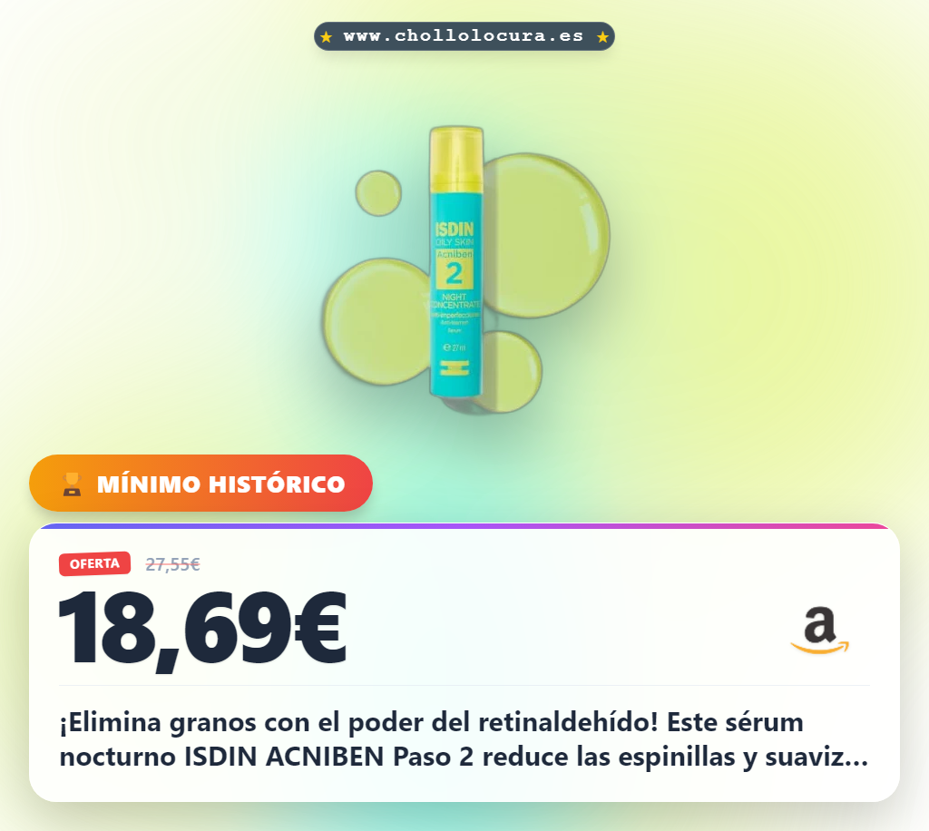 ¡Elimina granos con el poder del retinaldehído! Este sérum nocturno ISDIN ACNIBEN Paso 2 reduce las espinillas y suaviza tu piel al instante. Mejora la textura y recupera la confianza. ¡Consigue el tuyo ahora y empieza tu rutina anti-imperfecciones!